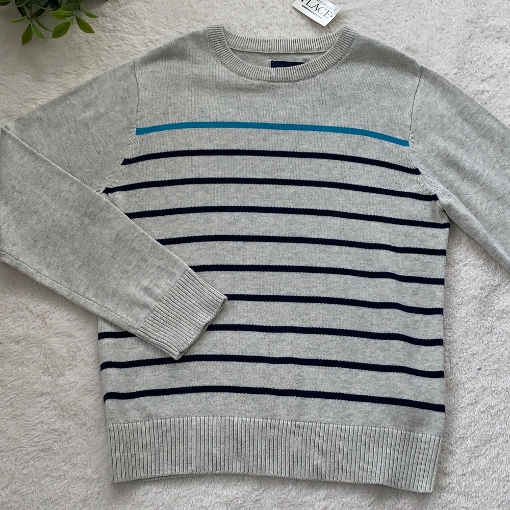 NWT Children’s Place Gray and Blue Striped Crewneck Sweater 7/8